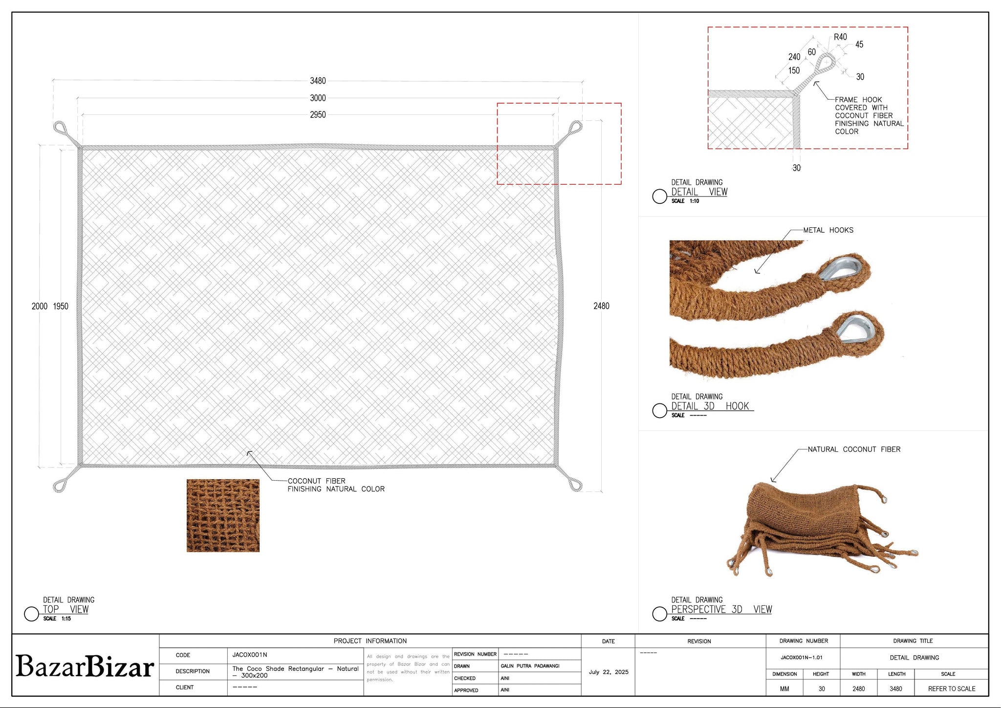 Der Coco-Schirm Rechteckig - Natur - 300x200